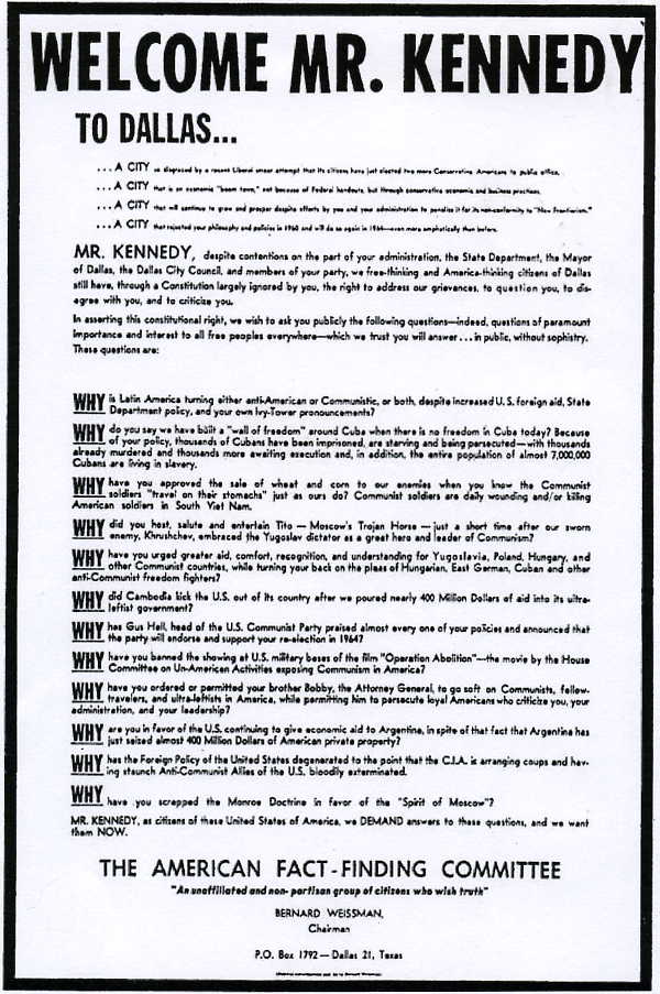 JFK - 1963 Dallas Morning News ad - welcome to dallas